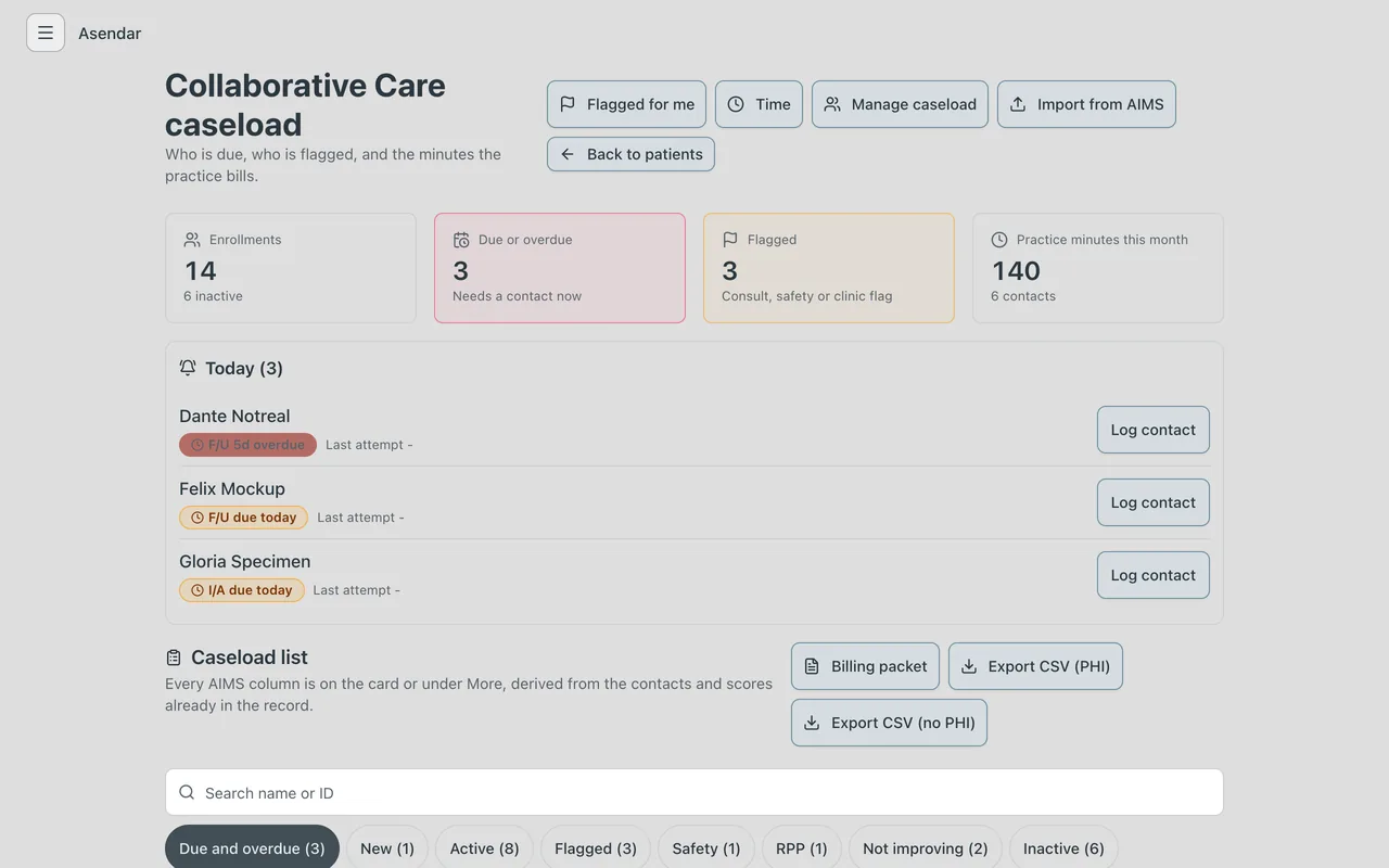 Screenshot: After sign-in: the caseload, with Today at the top