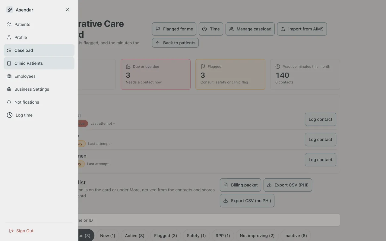 Screenshot: The menu, for a care manager