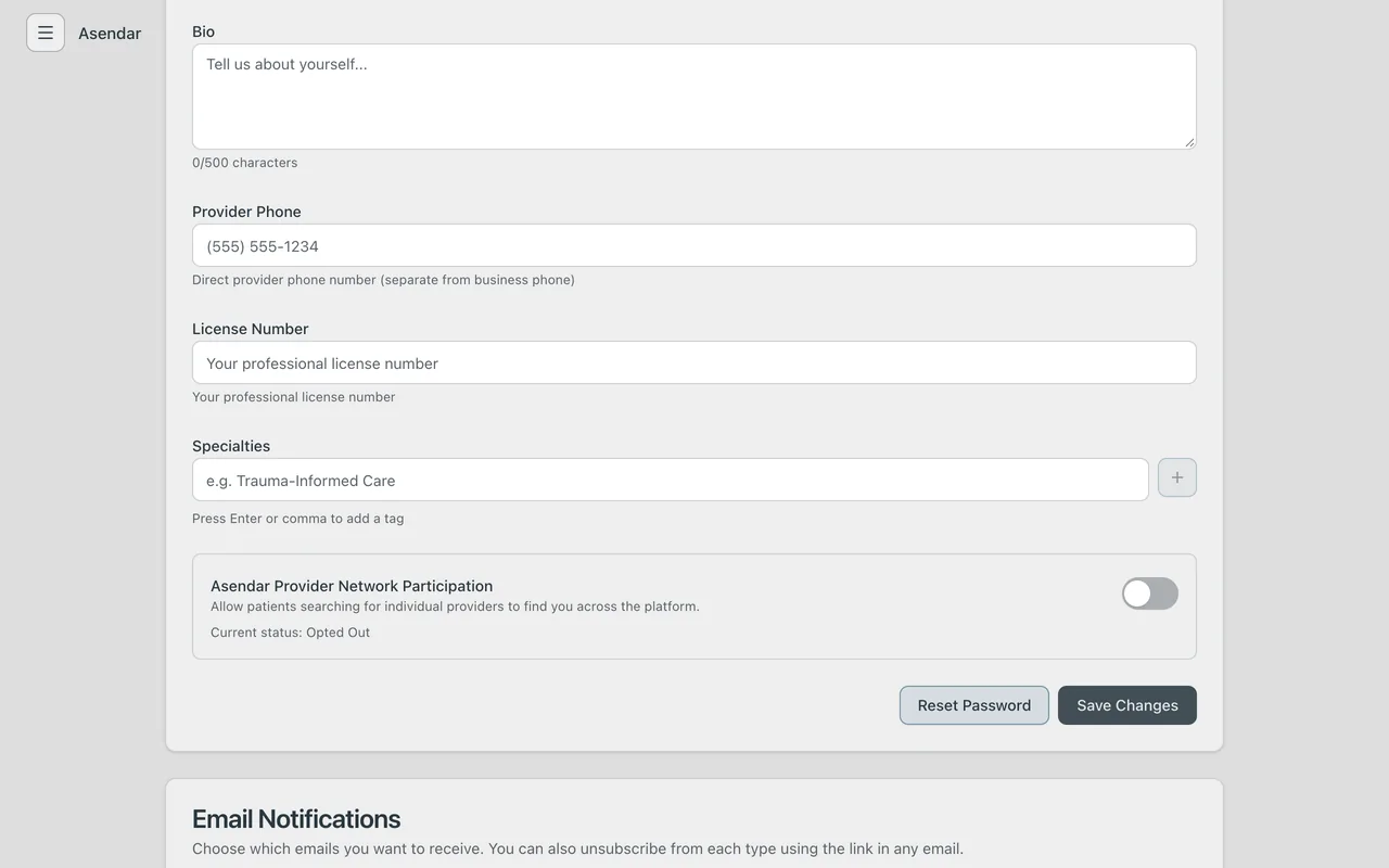 Screenshot: Profile, with Reset Password