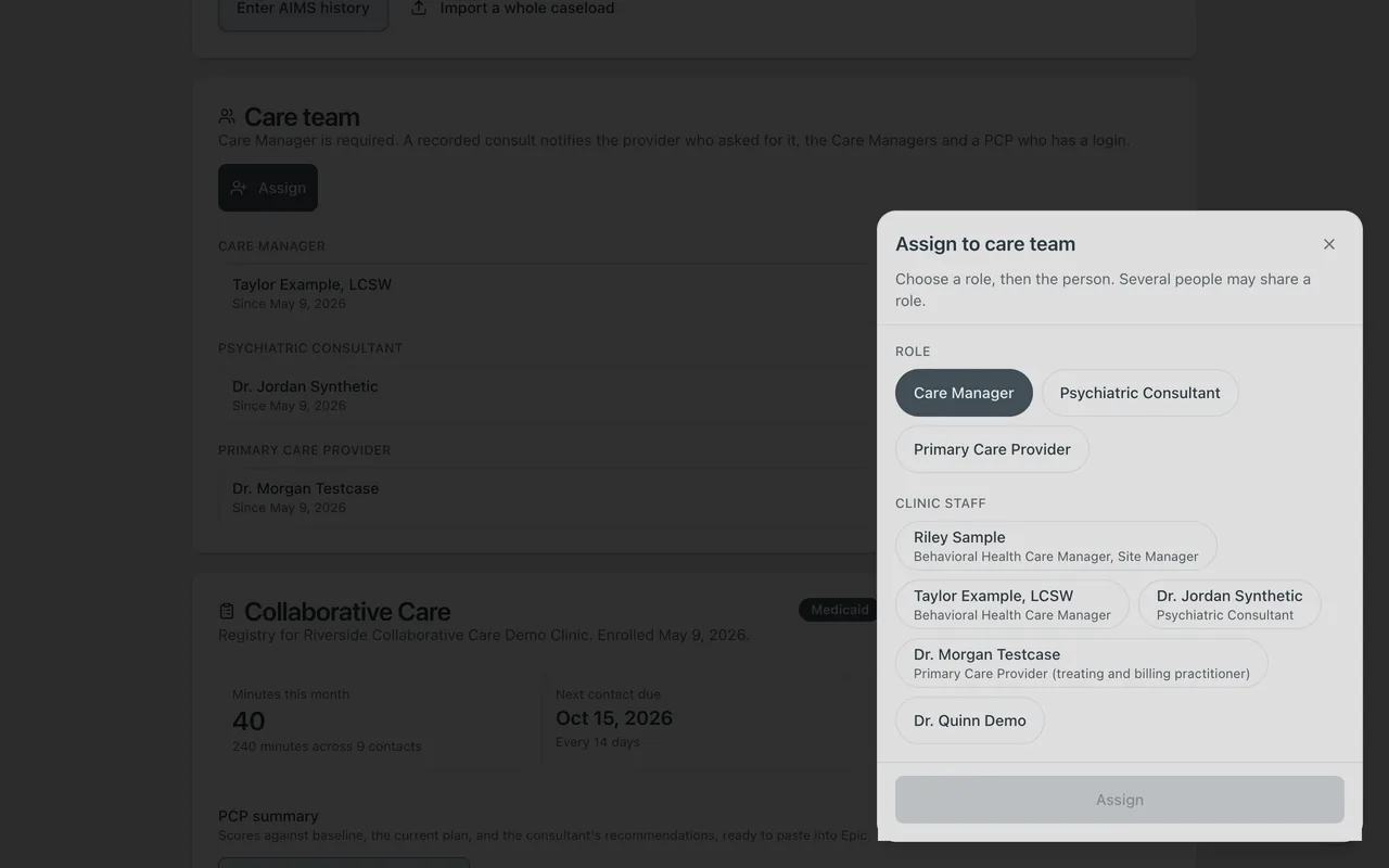 Screenshot: Assigning a care team member