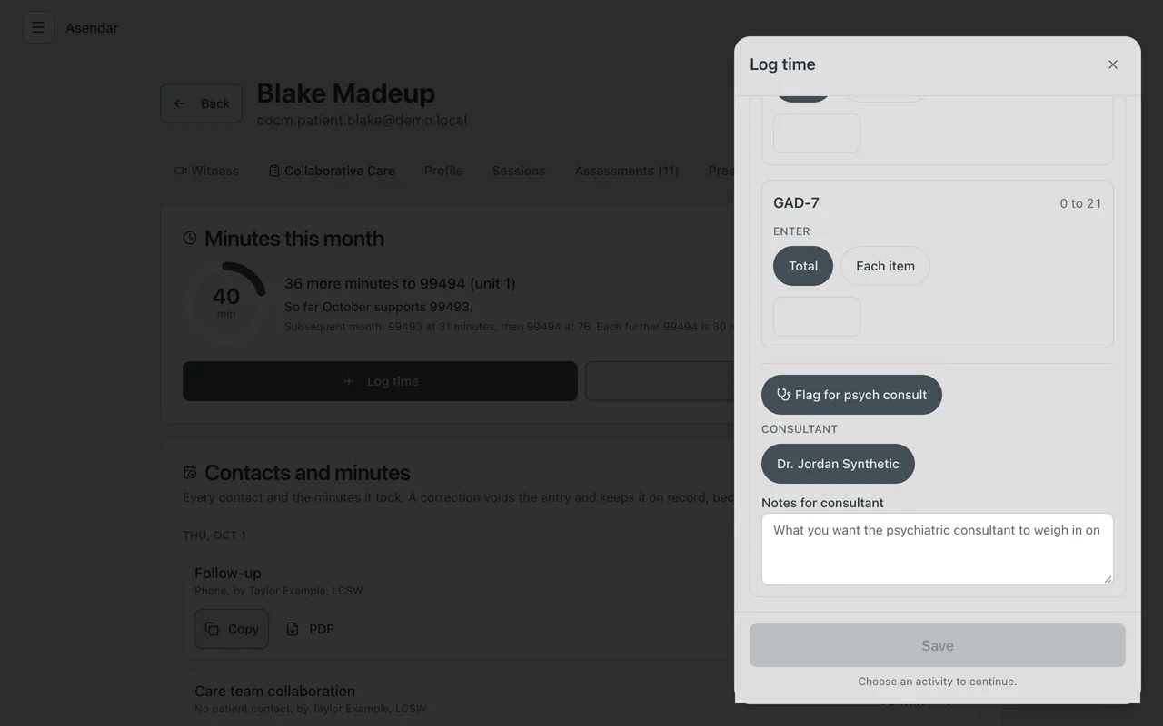 Screenshot: Scores and psych consult, with the consultant chosen