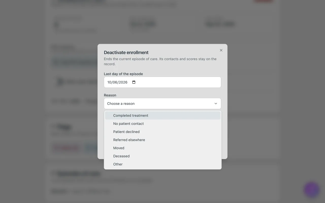 Screenshot: Deactivate enrollment: the reasons
