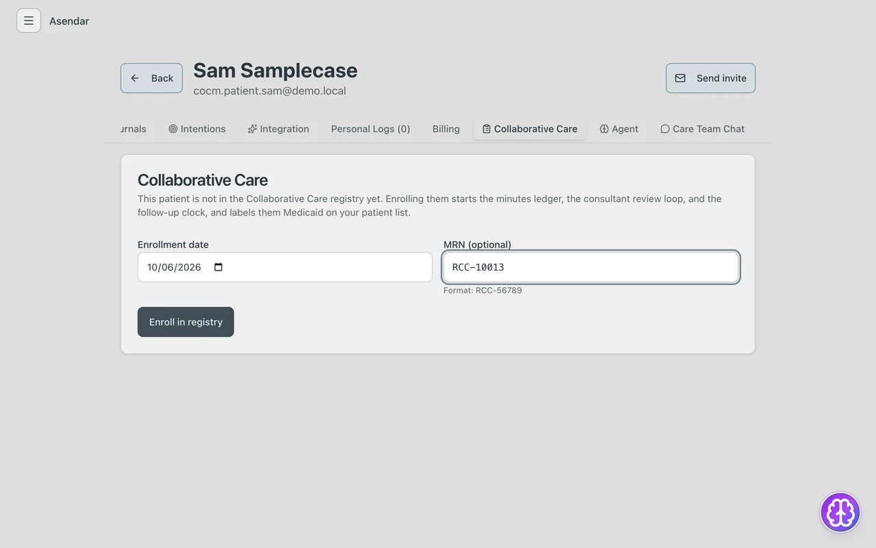 Screenshot: Enroll in registry, with the enrollment date and MRN