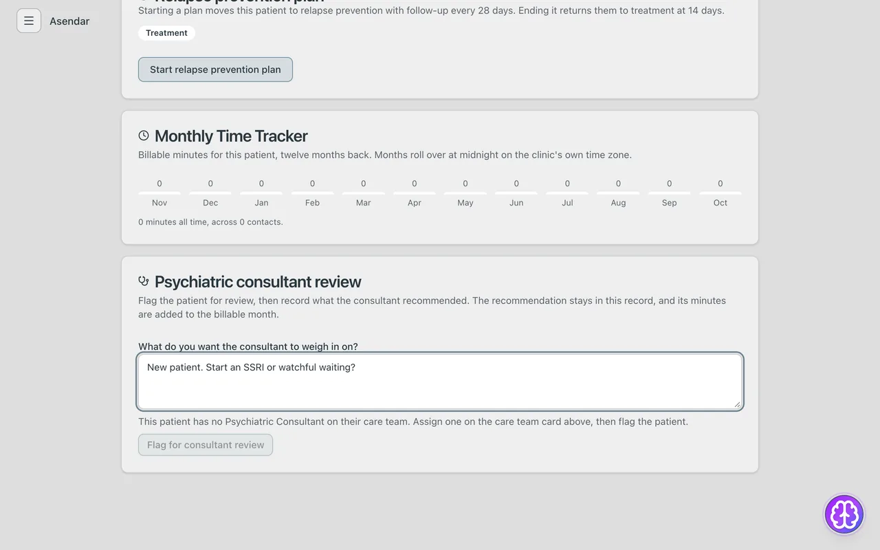 Screenshot: No Psychiatric Consultant yet: assign one before flagging