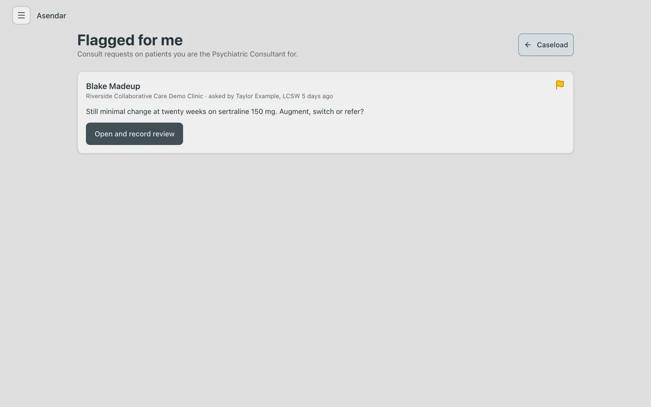 The Flagged for me page, showing a consult request with the care manager&rsquo;s question and an Open and record review button