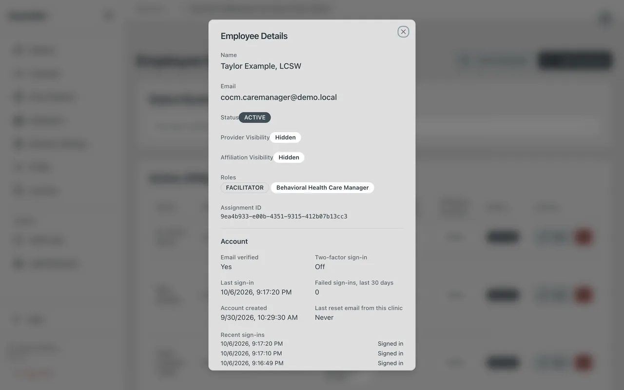 Screenshot: Employee Details, with the account and Send password reset email