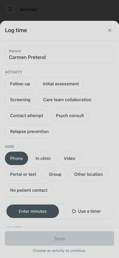 The Log time sheet on a phone, with activity chips, contact method chips and a choice of entering minutes or using a timer