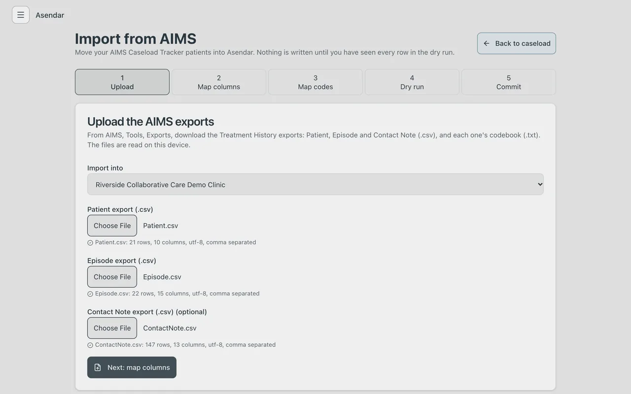 Screenshot: Upload the AIMS exports