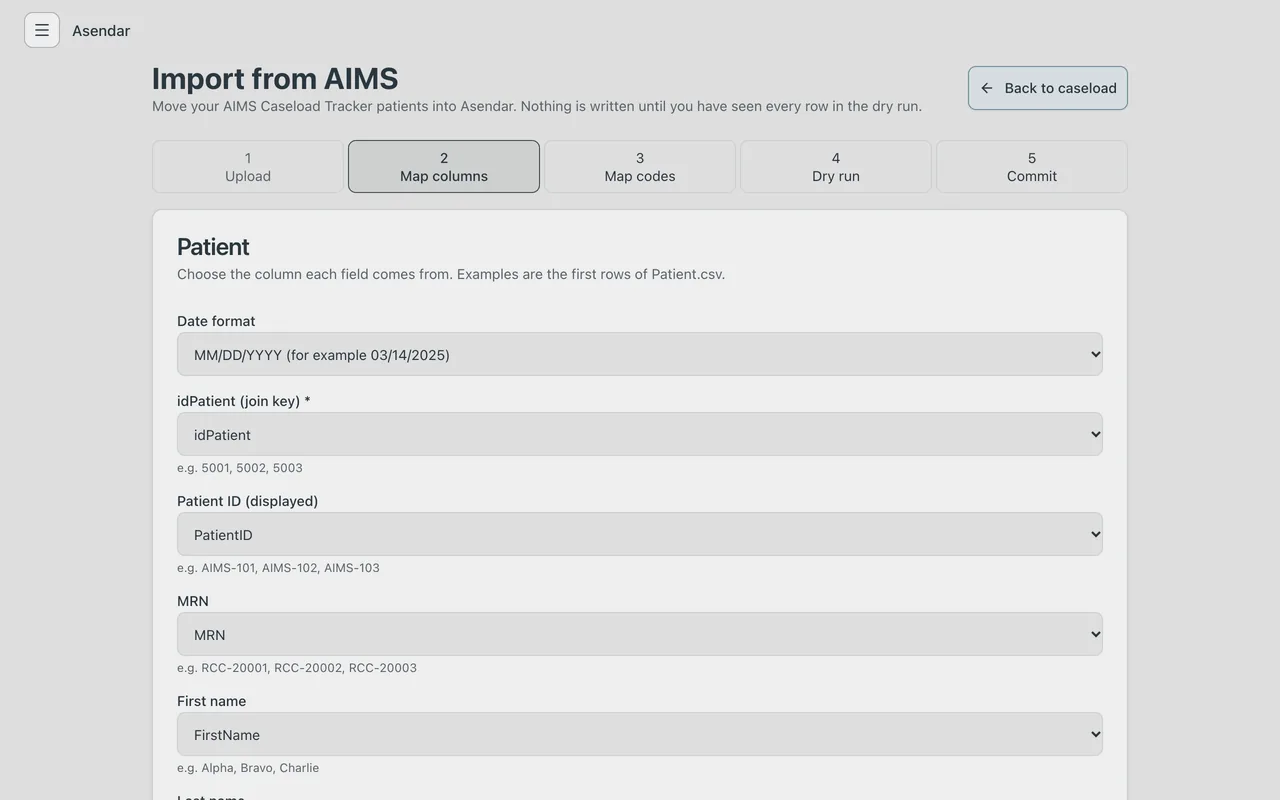 Screenshot: Map the columns: each Asendar field and the AIMS column it comes from