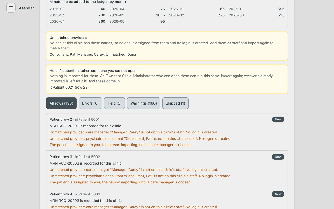 Screenshot: A held row: the file matches a patient this care manager cannot open, so it is left for an Owner or Clinic Admin