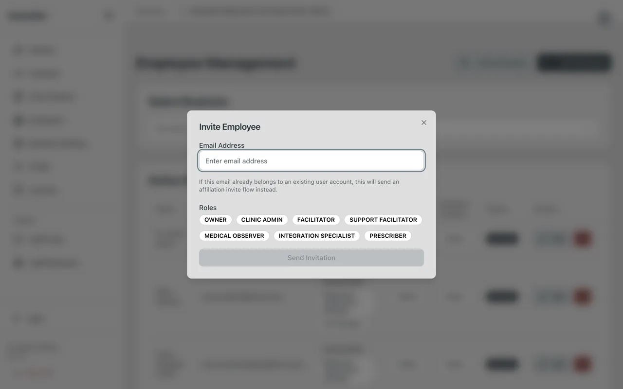 Screenshot: Invite Employee: the email address and the roles