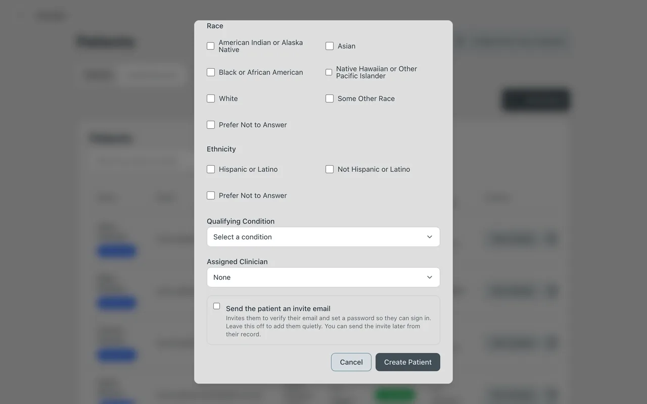 Screenshot: Add Patient: name, email, and the option to send the invite