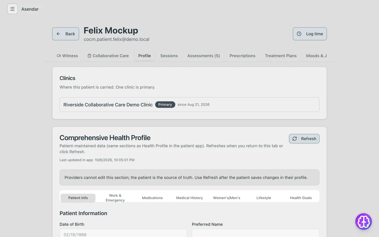 Screenshot: The chart: the patient's health profile, read-only to the clinic