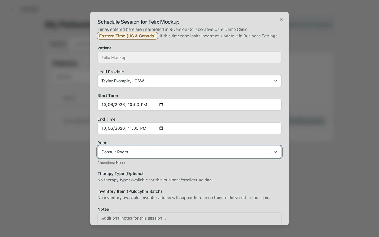 Screenshot: Schedule Session: lead provider, time and room