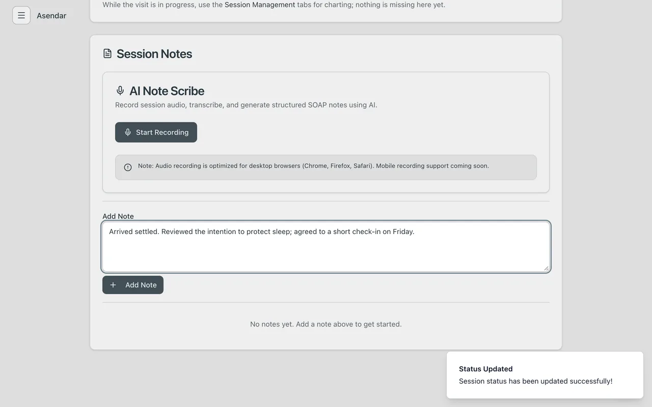 Screenshot: Session Notes on Manage Session