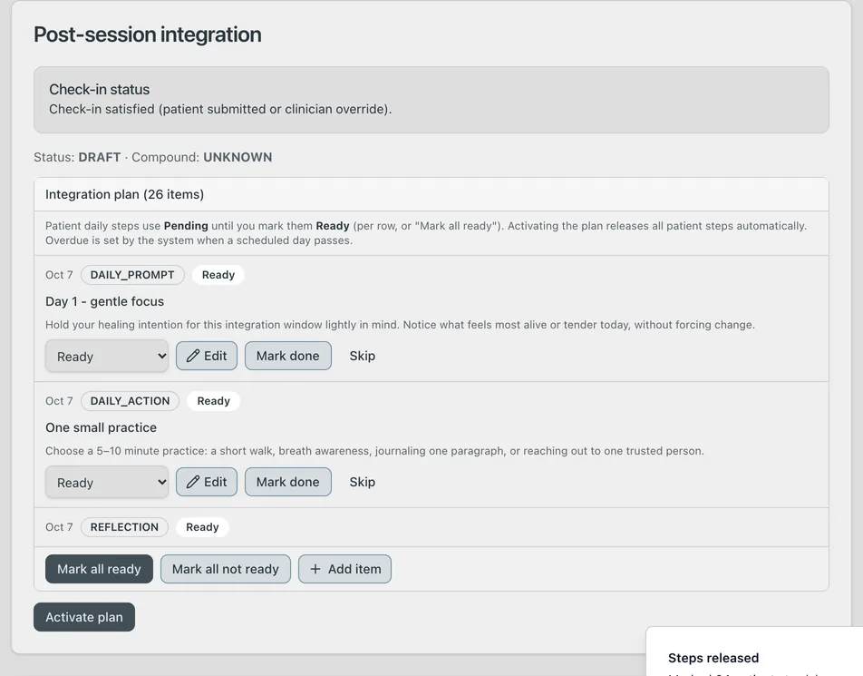 Screenshot: Post-session integration: the draft plan's steps, before activation