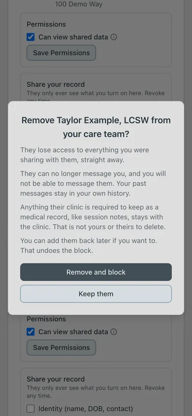 Screenshot: What the patient sees before removing a clinician