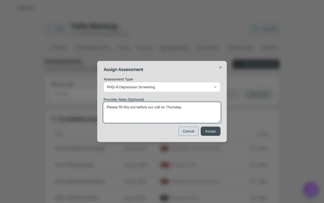 Screenshot: Assign Assessment on the patient's Assessments tab