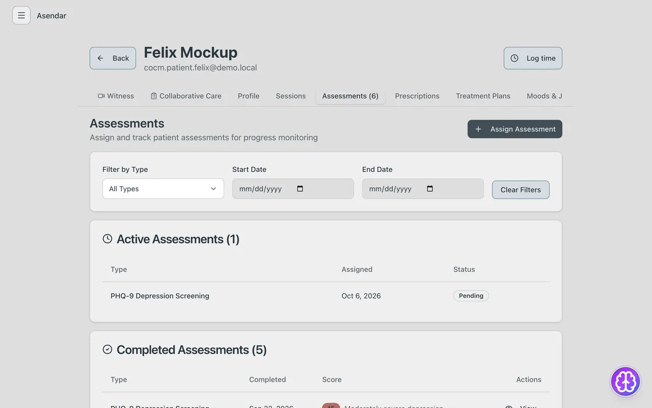 Screenshot: The assigned PHQ-9 waits under Active Assessments, marked Pending