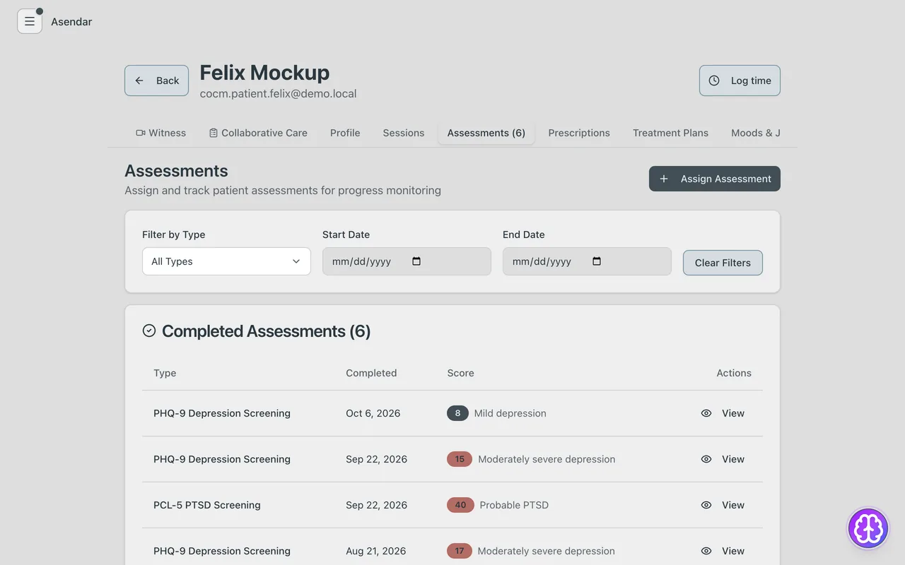 Screenshot: The completed PHQ-9 on the patient's Assessments tab