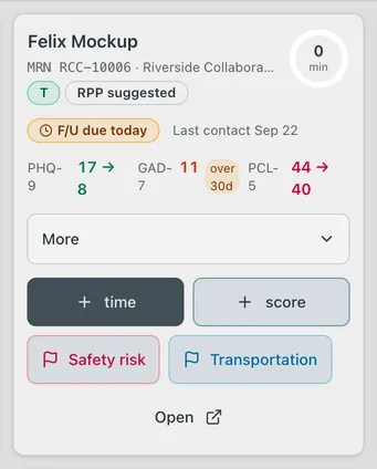 Screenshot: The caseload card picks up the patient's latest PHQ-9 and GAD-7