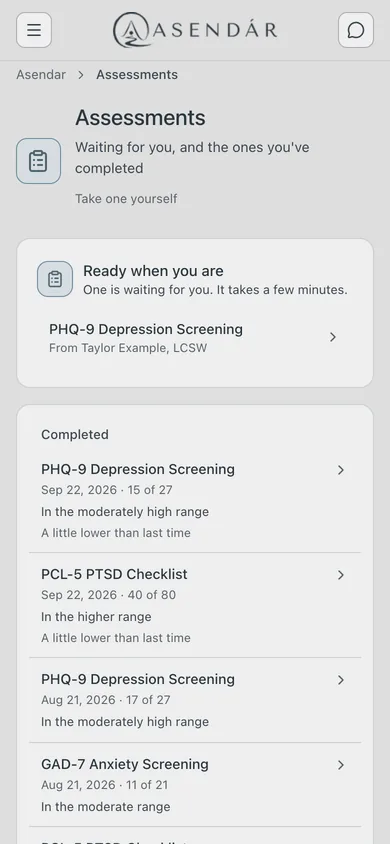 Screenshot: Assessments: the waiting PHQ-9 under Ready when you are