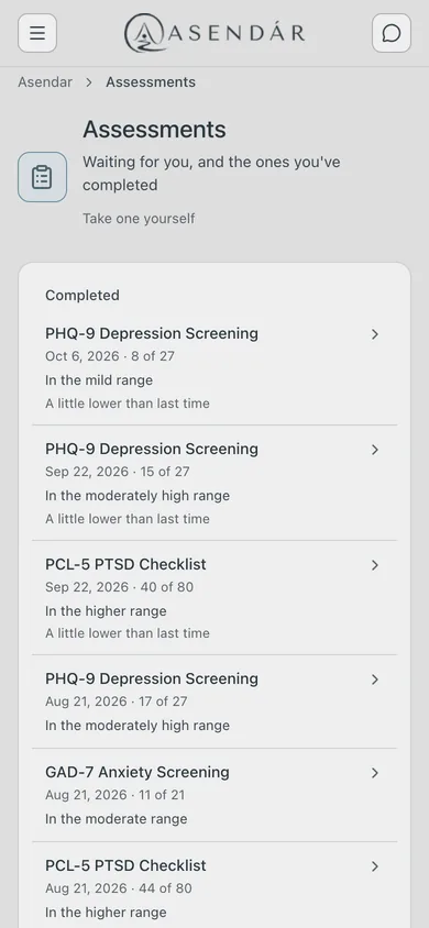 Screenshot: The patient's completed assessments