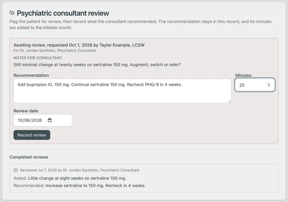 The Psychiatric consultant review panel, with the care manager&rsquo;s notes, a recommendation, minutes and review date, and a completed review below