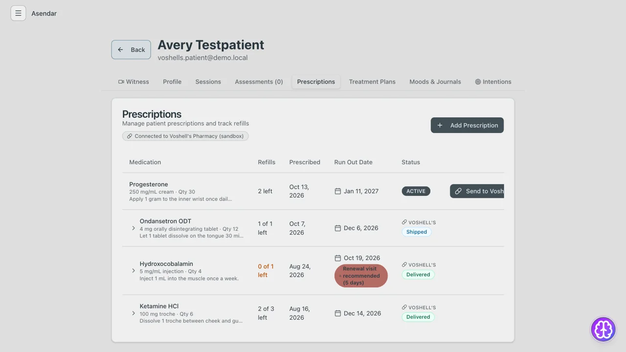 Screenshot: A patient's Prescriptions tab, connected to Voshell's