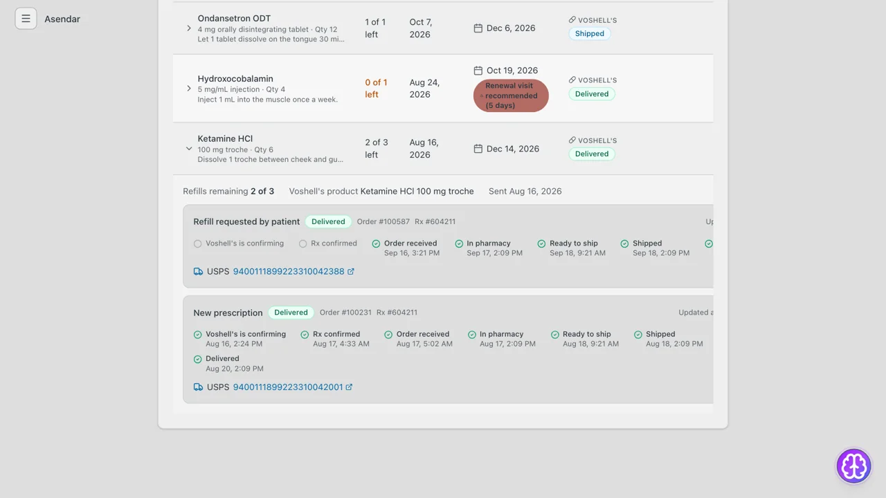 Screenshot: The timeline for a sent prescription and its refill